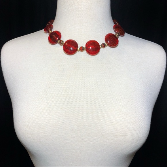Chunky Red Glass Bead Necklace Earrings Set - Picture 3 of 3